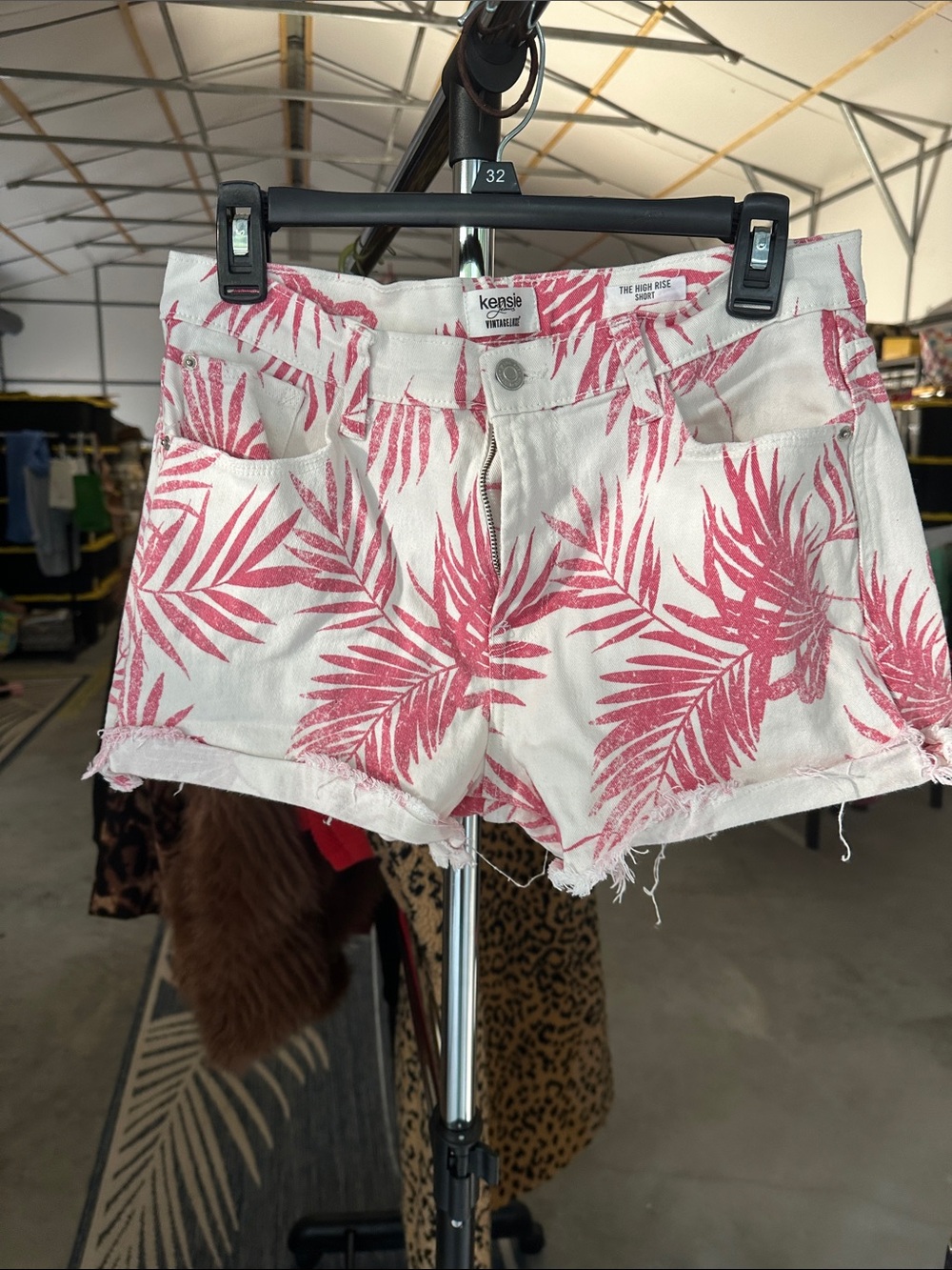 Kensie White Denim Shorts with Pink Tropical Leaf Print